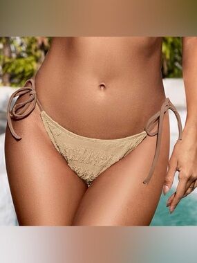 Textured Golden Beige & Brown String Bikini Bottom - Size Large